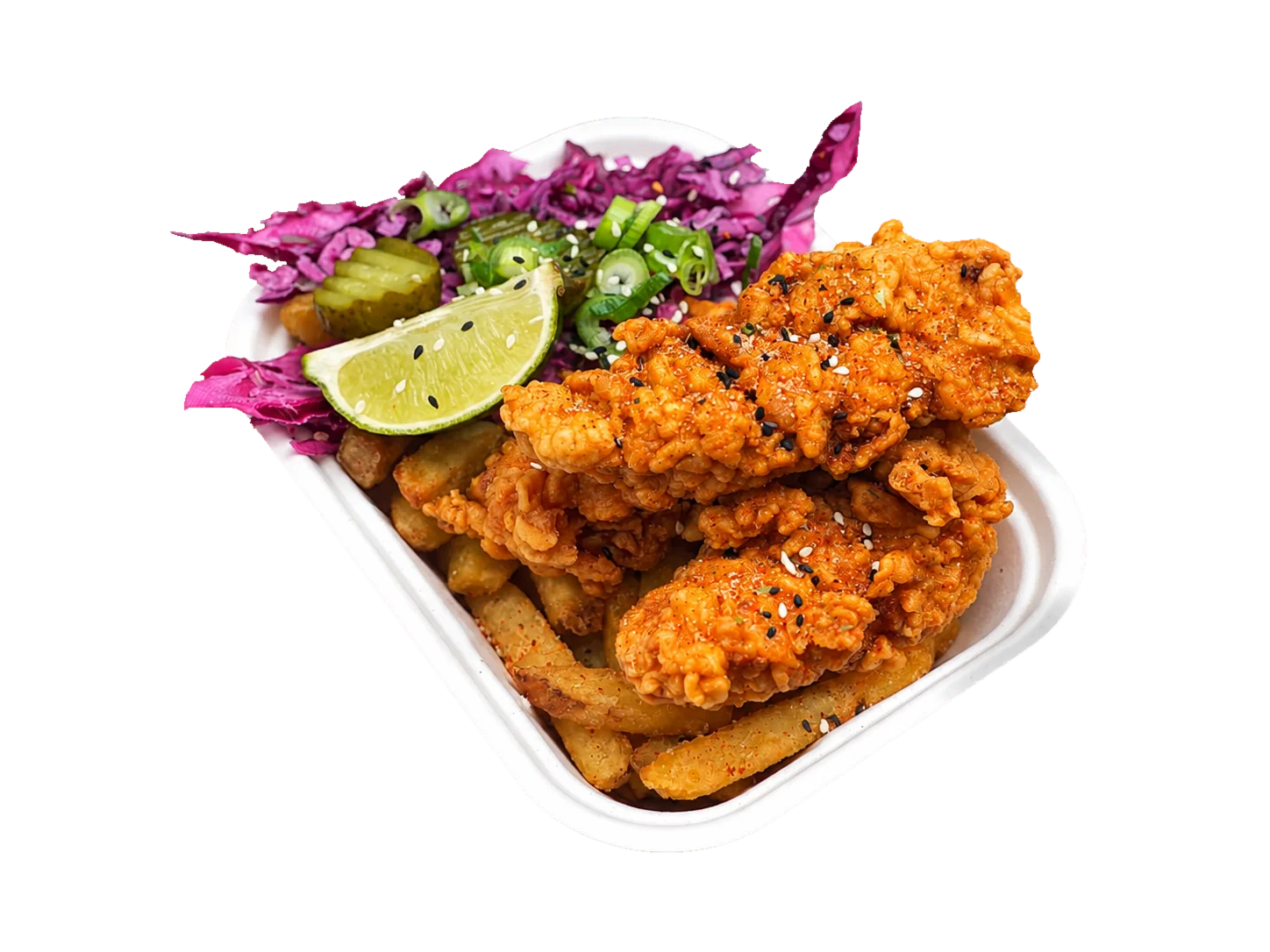 Signature Meal Box with fried chicken, fries, pink slaw and lime