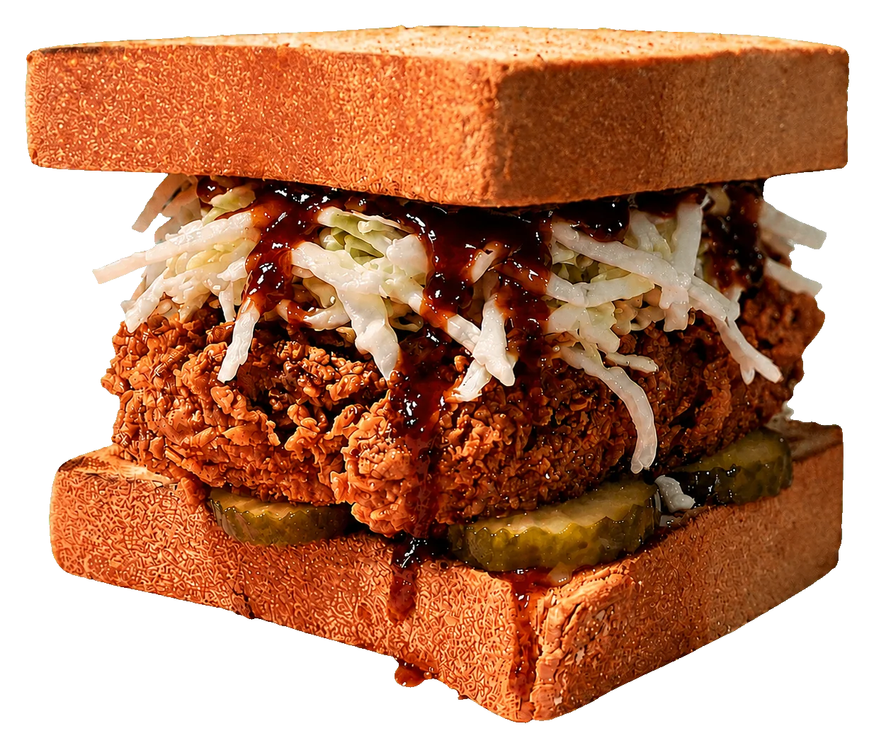 Tonkatsu BBQ chicken sando with slaw, pickles and BBQ sauce
